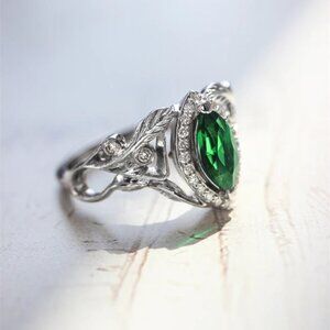 ❤Emerald Marquis Gem Leaf Weave Silver Noble Rings for Women, MARR9098